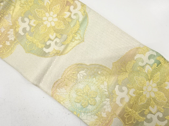 JAPANESE KIMONO / ANTIQUE FUKURO OBI / SILK / WOVEN FLORAL CREST & FLORAL ARABESQUE